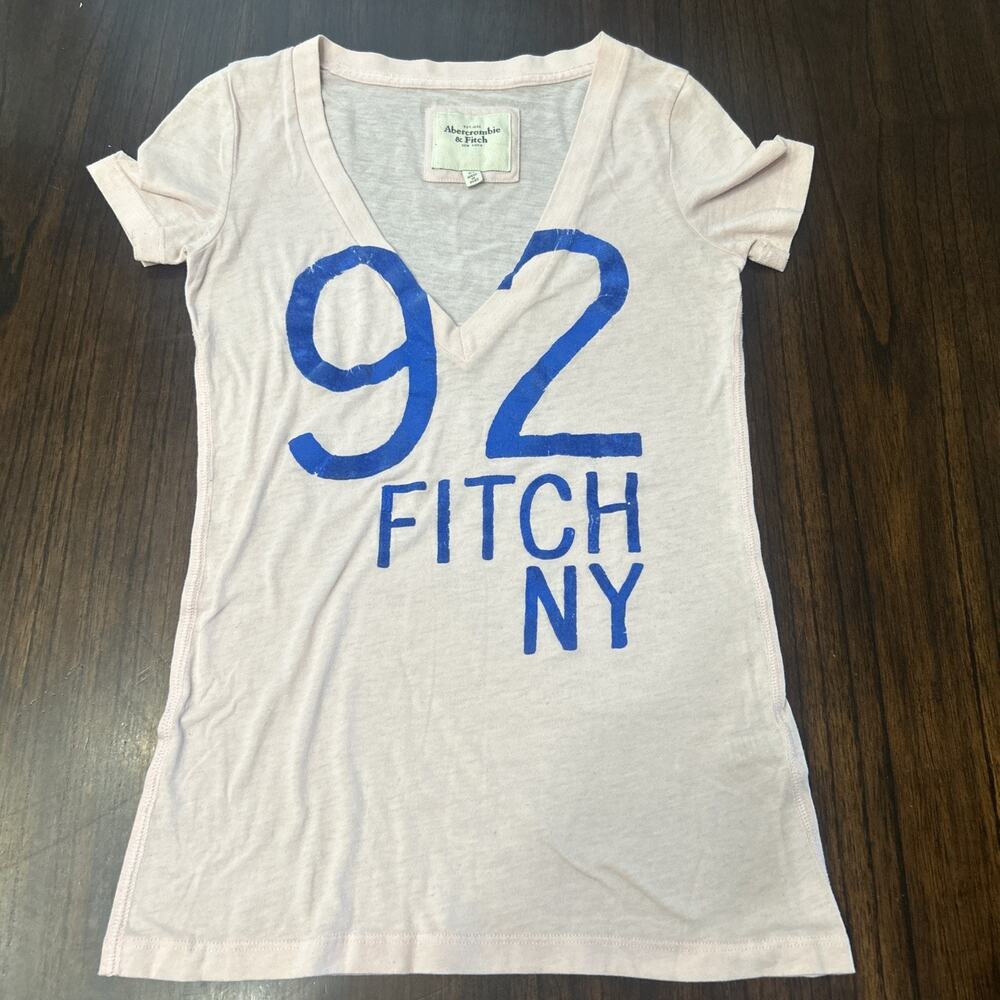 Abercrombie & Fitch 92 Pink Baby Tee Shirt Womens XS Deep V Neck Y2K Logo Rare